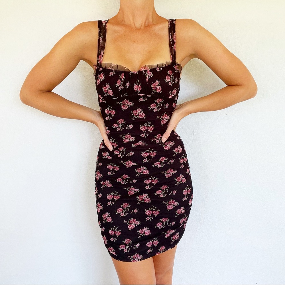 Rolla Coster black pink floral mesh ruched bodycon corset mini dress size small